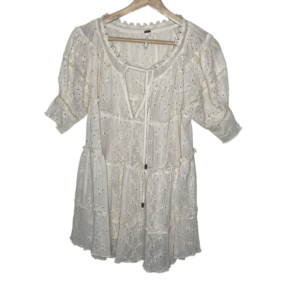 Free People  Eyelet Lace Tiered Puff Sleeve Mini Dress XS‎
